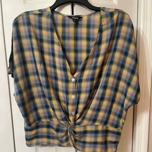 Express Plaid Tie Front Long Sleeve Blouse In Blue & yellow size Medium